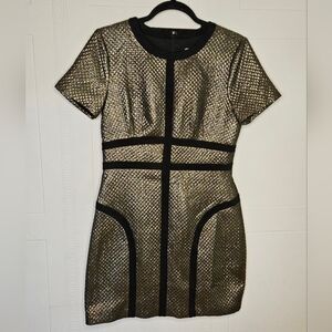Pim + Larkin Metallic Gold Quilt Look Mini Dress Short Sleeve Sz 4 EUC